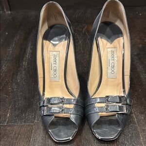 Jimmy Choo Women's Grey Patent Leather Peep-Toe Heels